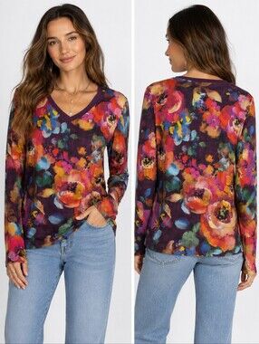 Johnny Was Floral V-Neck Long Sleeve Top Medium Watercolor Boho Stretch